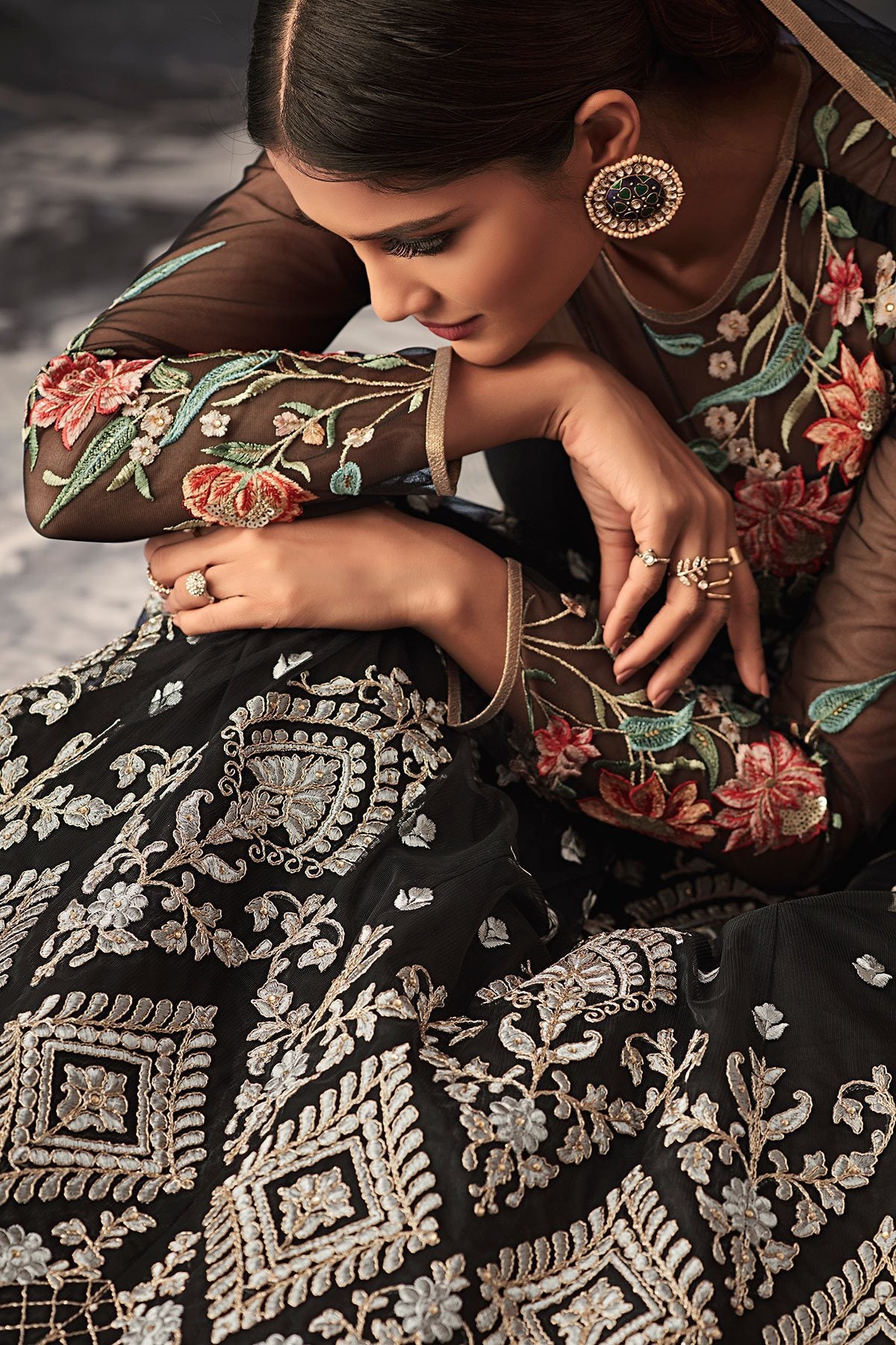 All Black Anarkali suit with great motif and stone works