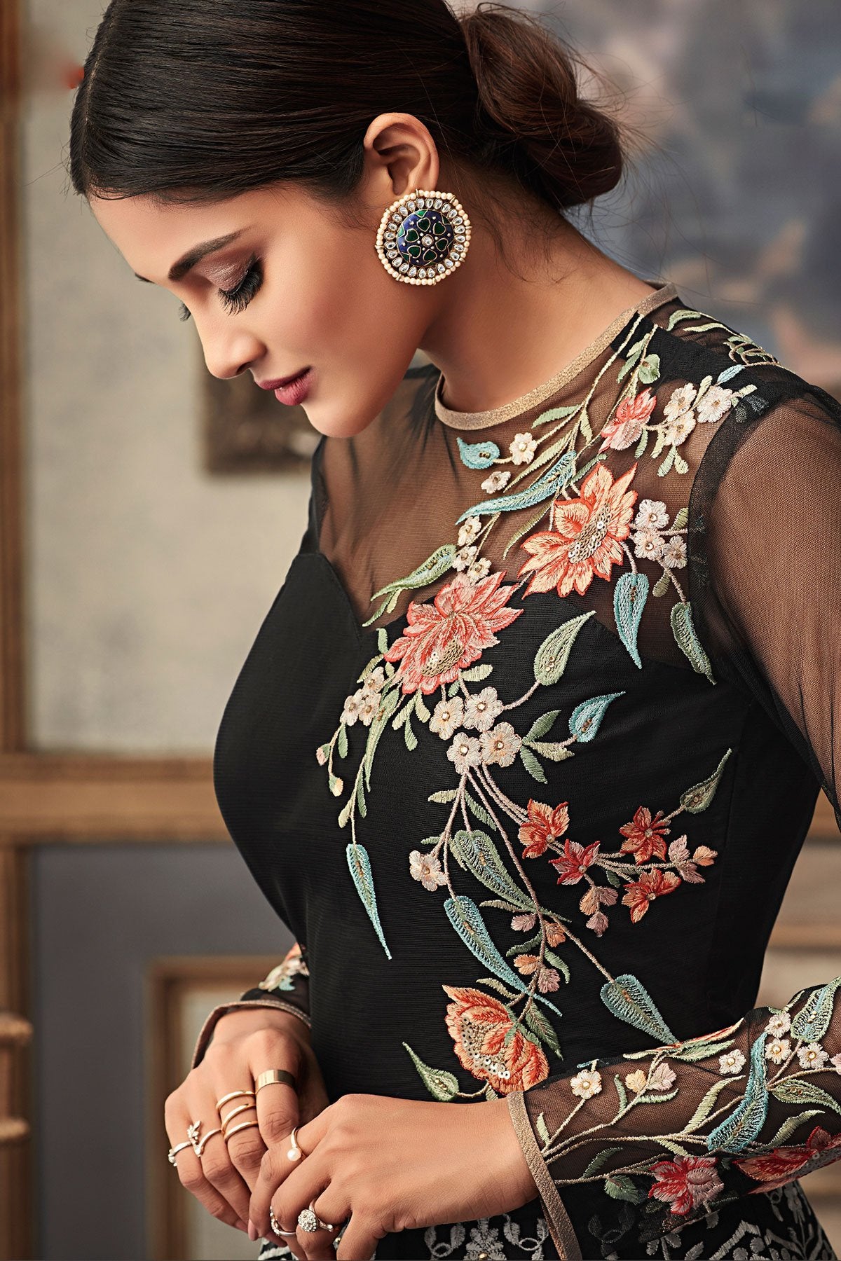 All Black Anarkali suit with great motif and stone works