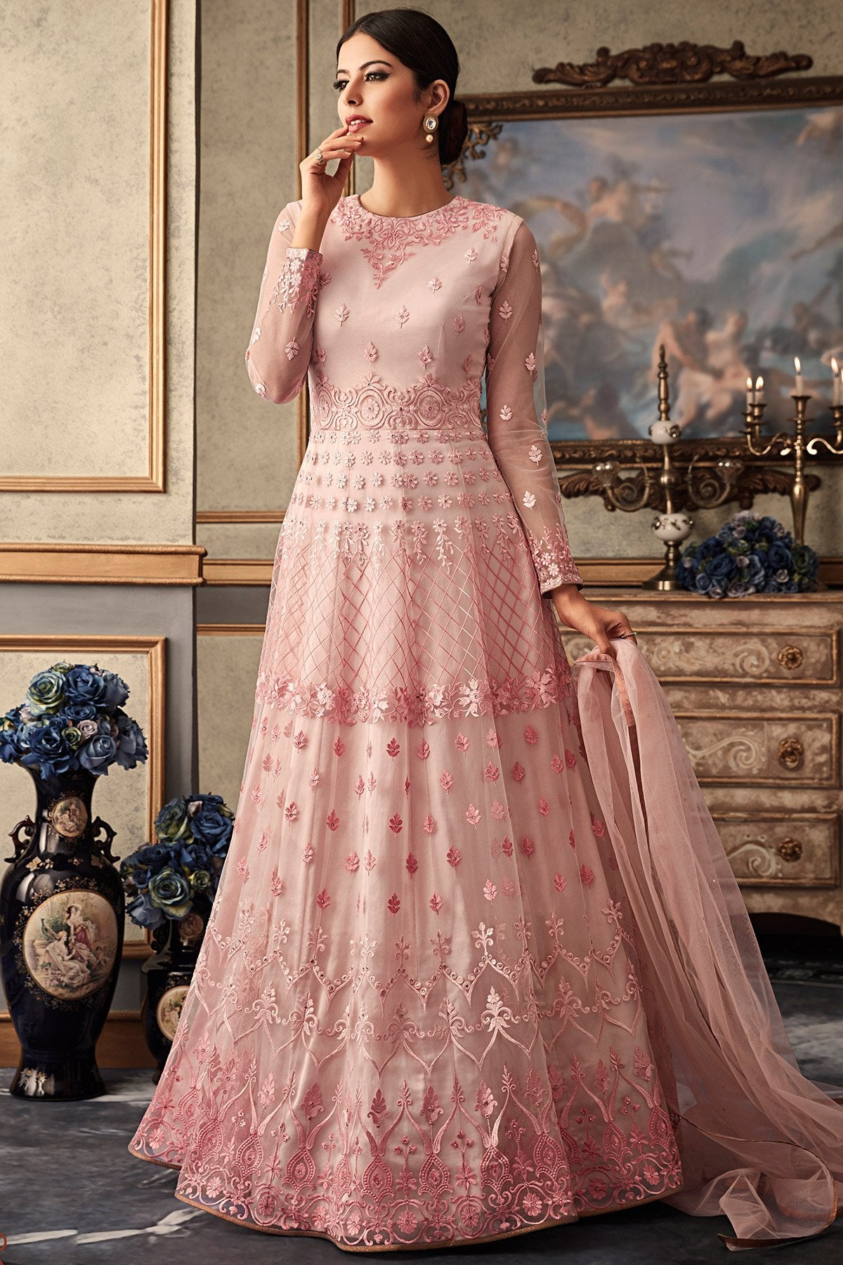 Pink Anarkali set with matching net Dupatta
