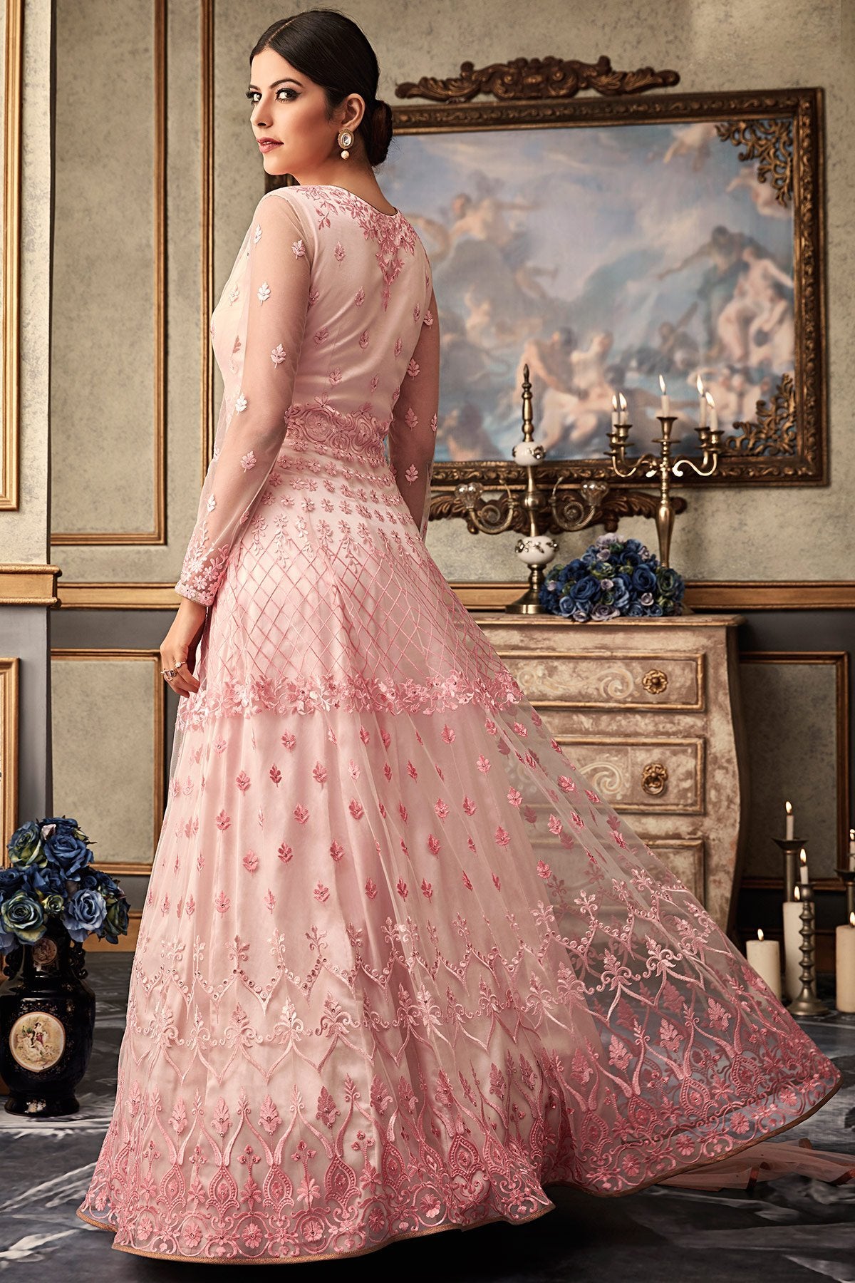 Pink Anarkali set with matching net Dupatta
