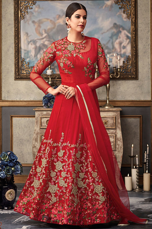 All Red Anarkali suit with exclusive stone works and motifs