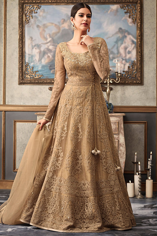Khaki Brown Anarkali suit with net Dupatta