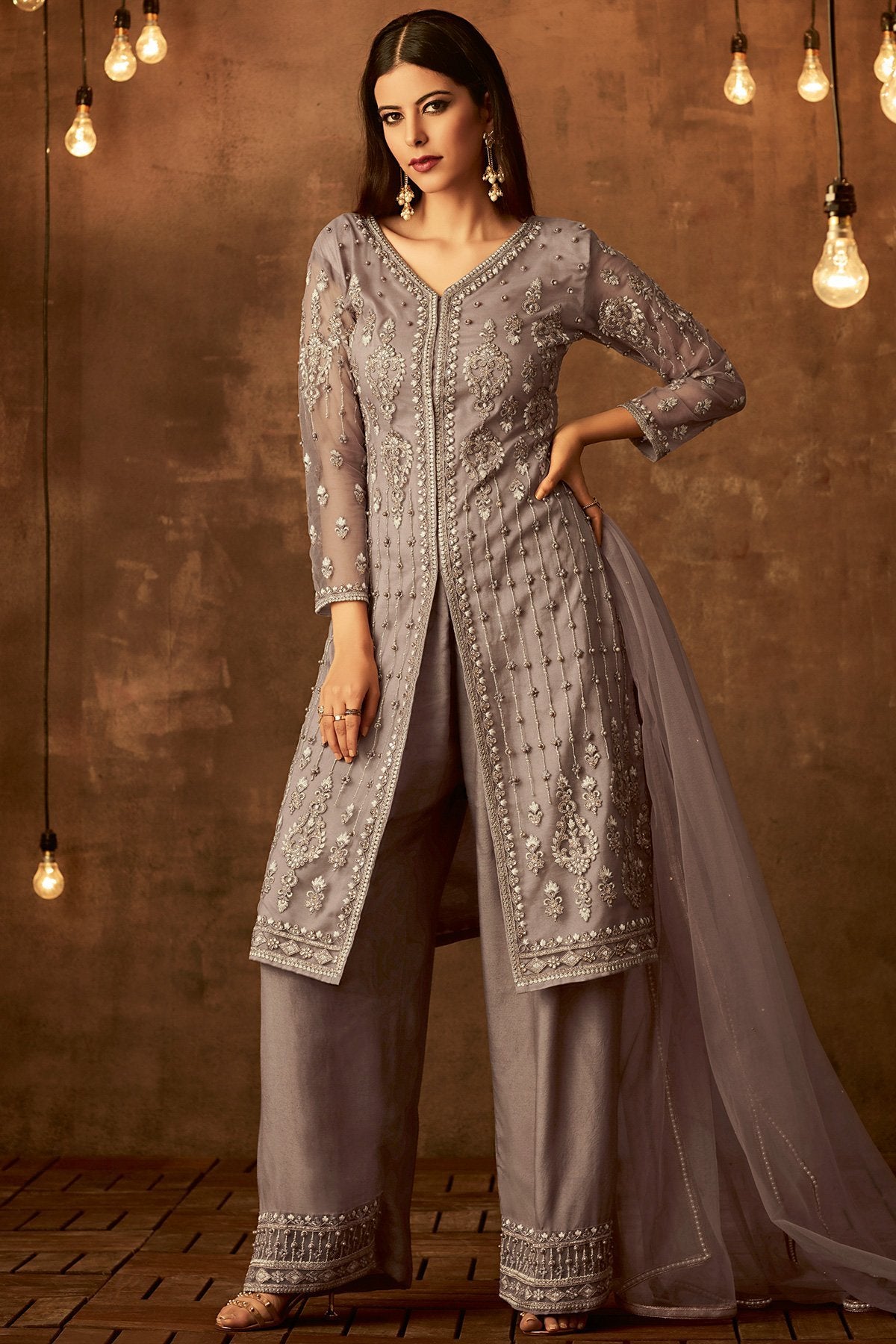 Gray Exclusive Designer Palazzo suit