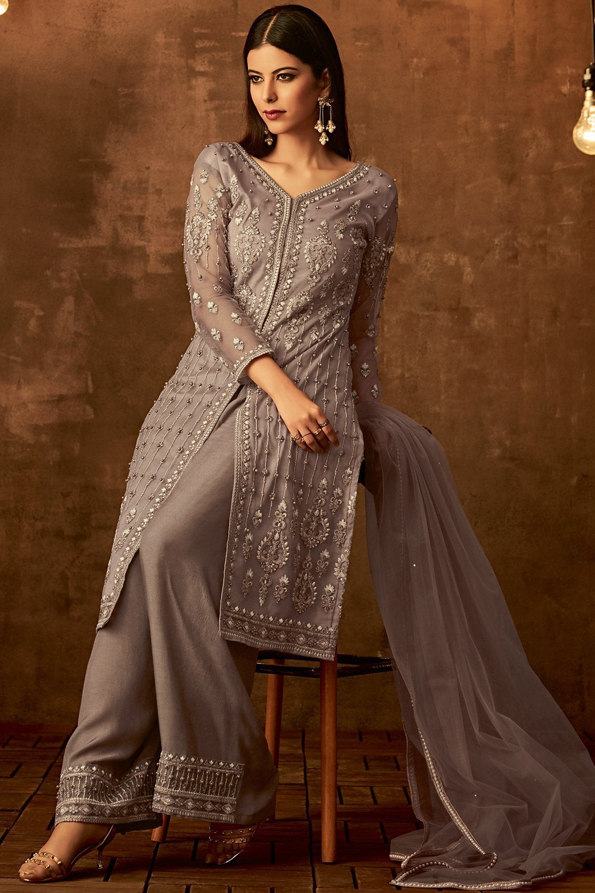 Gray Exclusive Designer Palazzo suit