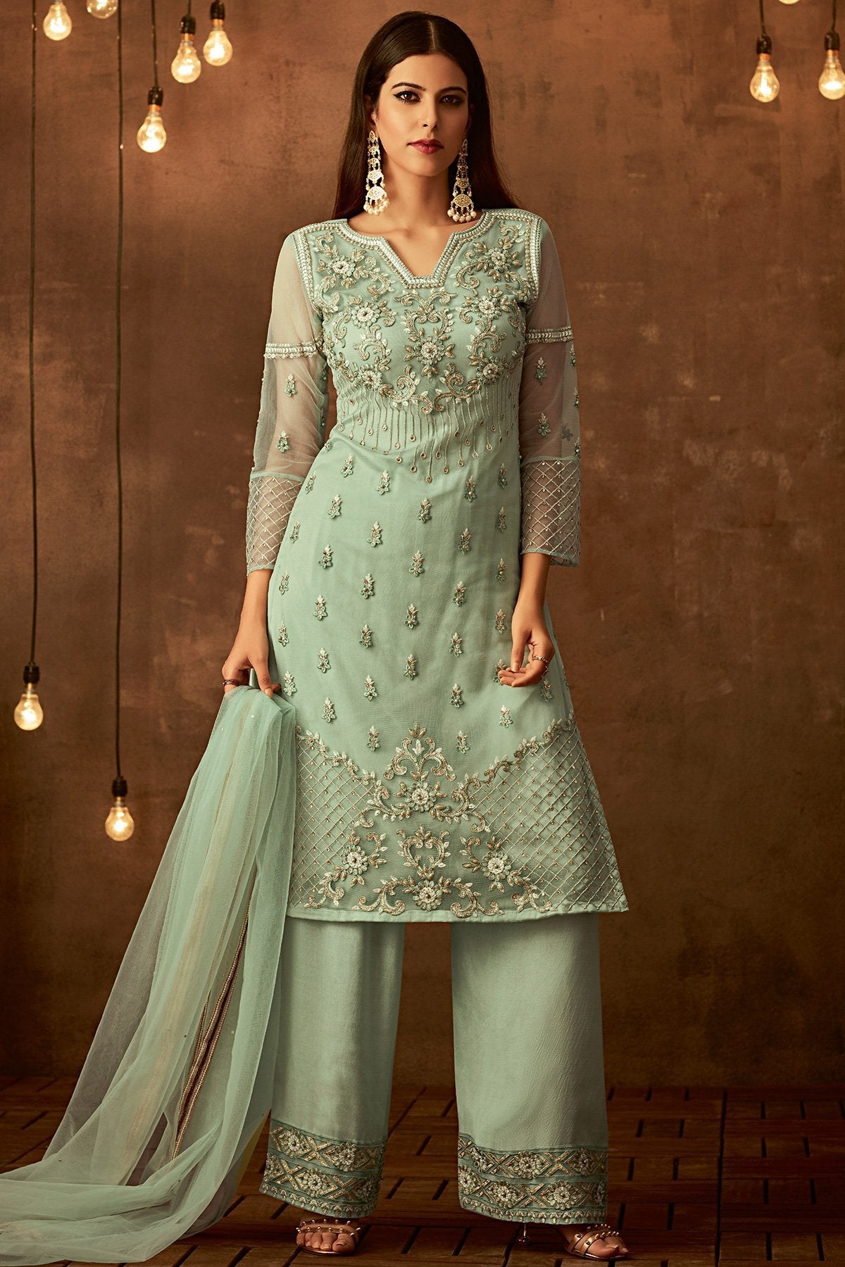 Mint-Green Designer Palazzo suit