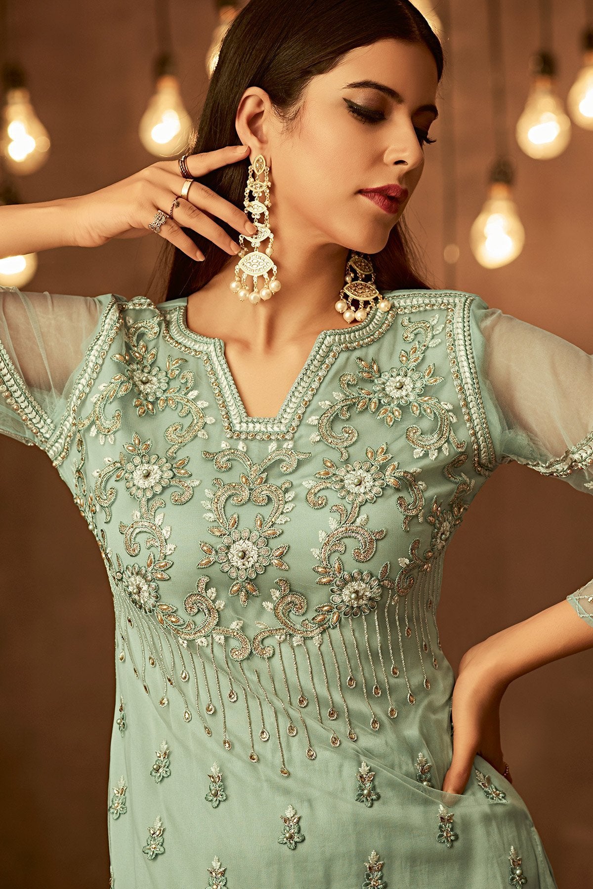 Mint-Green Designer Palazzo suit