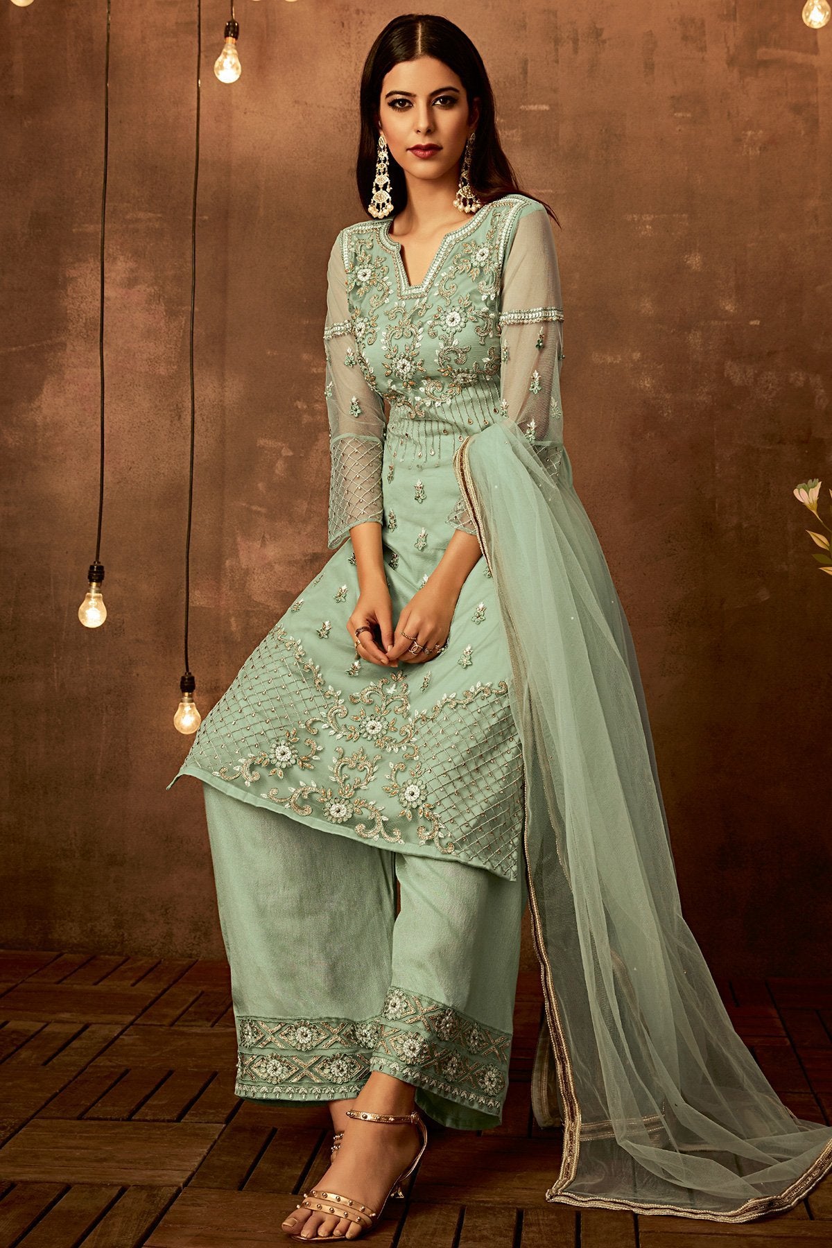 Mint-Green Designer Palazzo suit