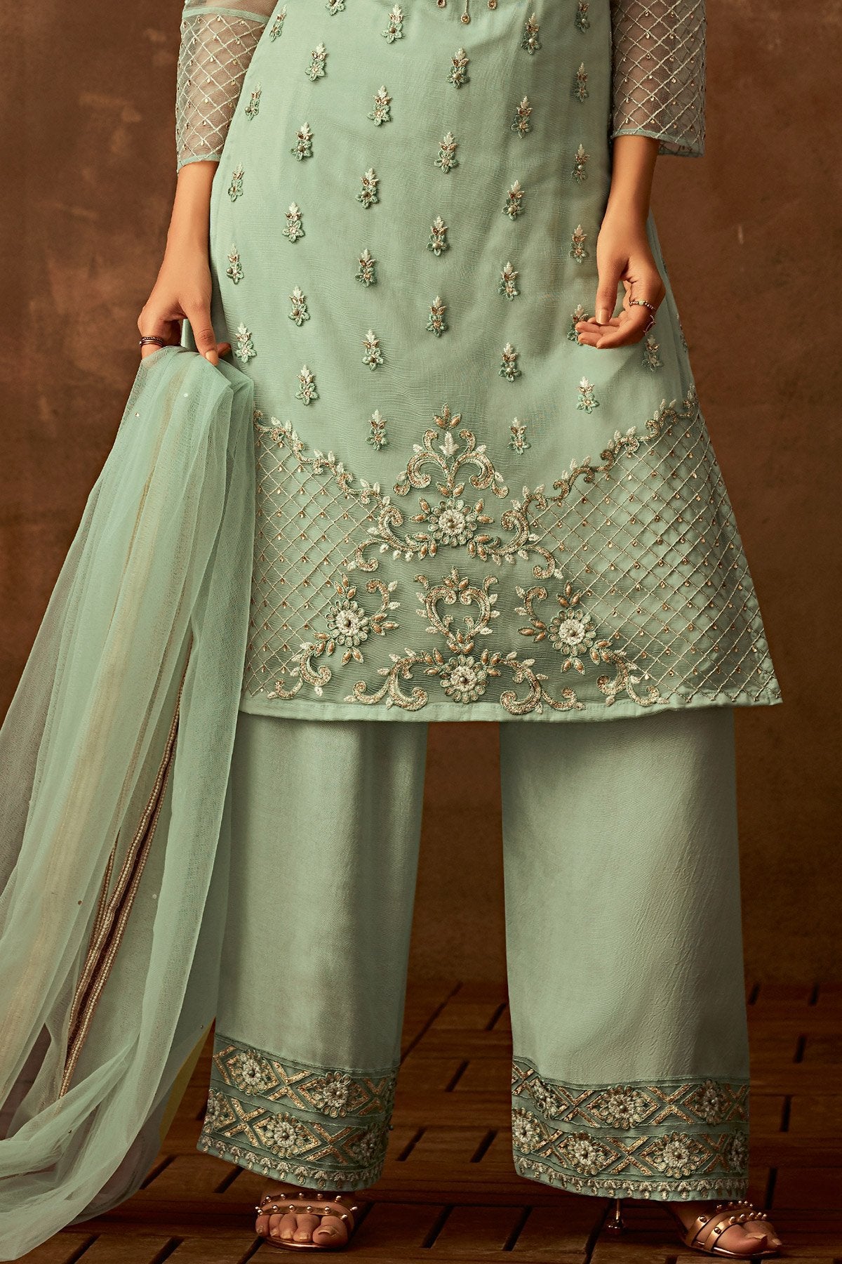 Mint-Green Designer Palazzo suit