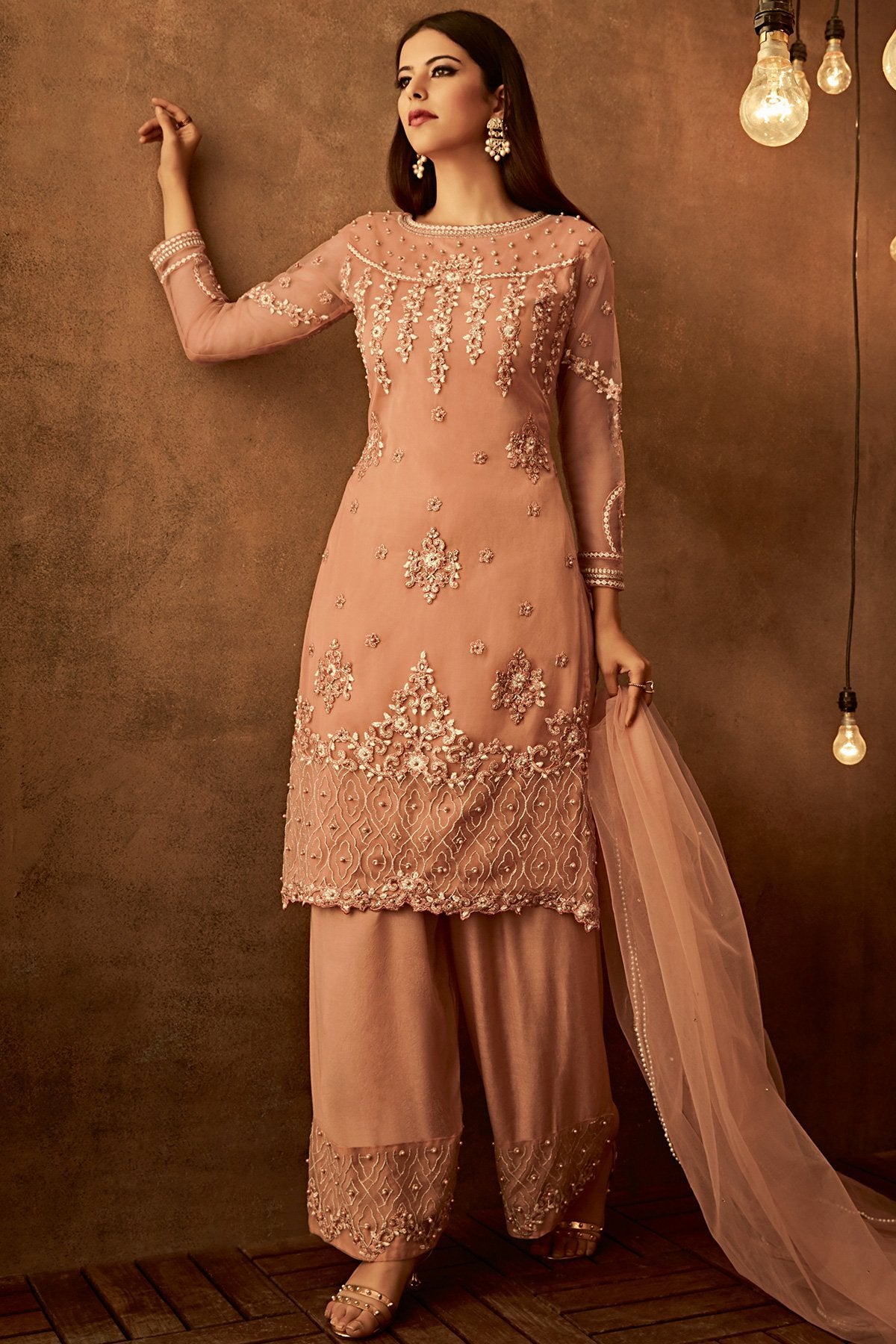 Dark Peach Pretty Looking Designer Palazzo suit
