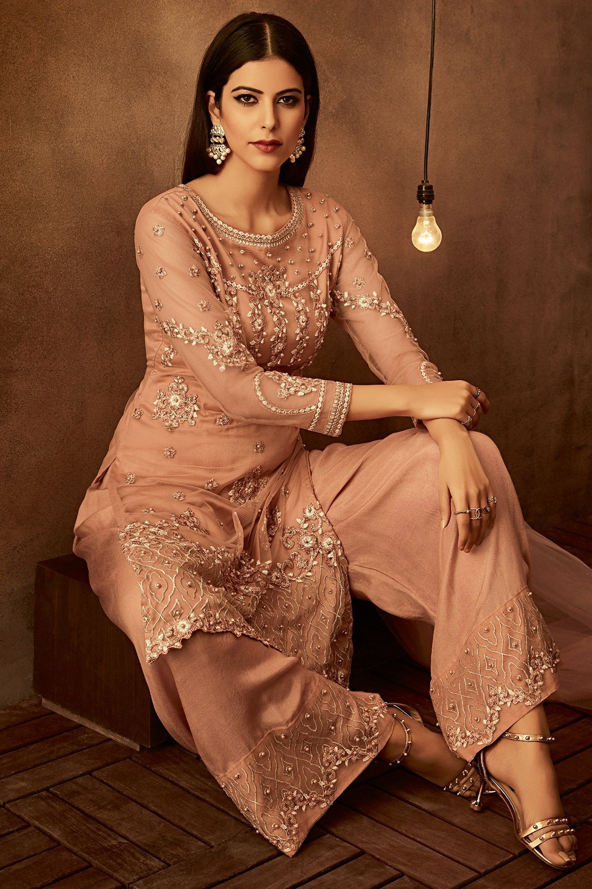 Dark Peach Pretty Looking Designer Palazzo suit
