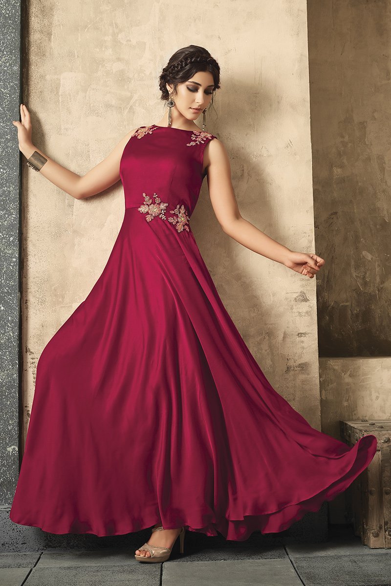 Magenta Satin Party Wear Gown