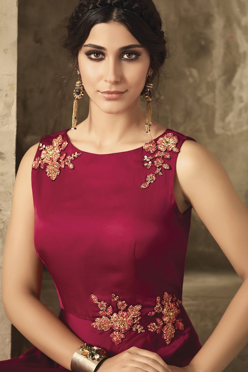 Magenta Satin Party Wear Gown