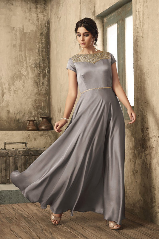 Silver Gray Satin Party Wear Gown