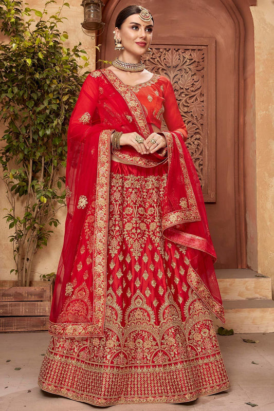 Bridal Lehenga Set in Red Satin Silk