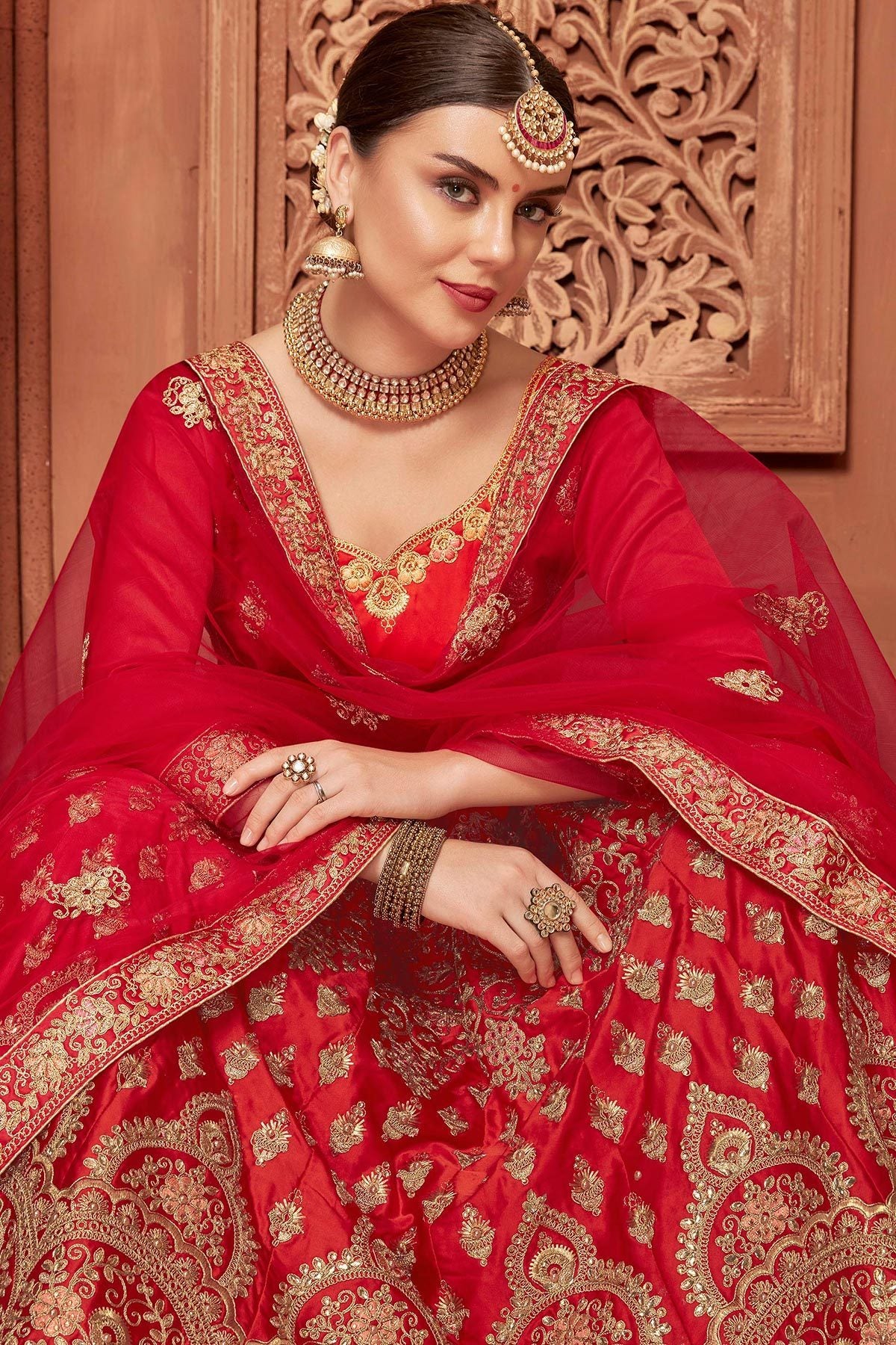 Bridal Lehenga Set in Red Satin Silk