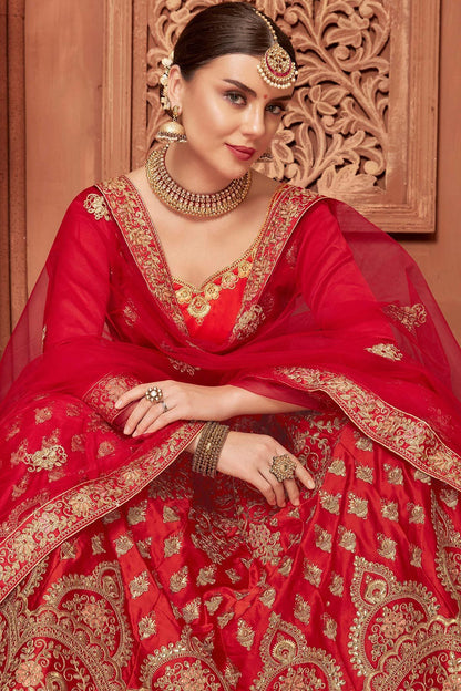 Bridal Lehenga Set in Red Satin Silk