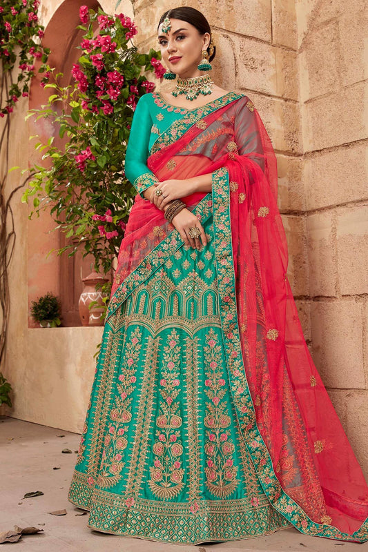 Blue and Red Lehenga Set in Satin Silk