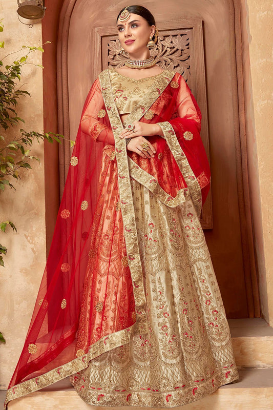 Champagne and Red Lehenga Set in Satin Silk