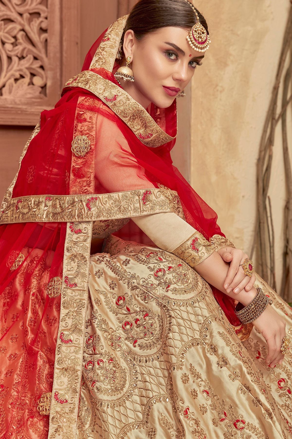 Champagne and Red Lehenga Set in Satin Silk