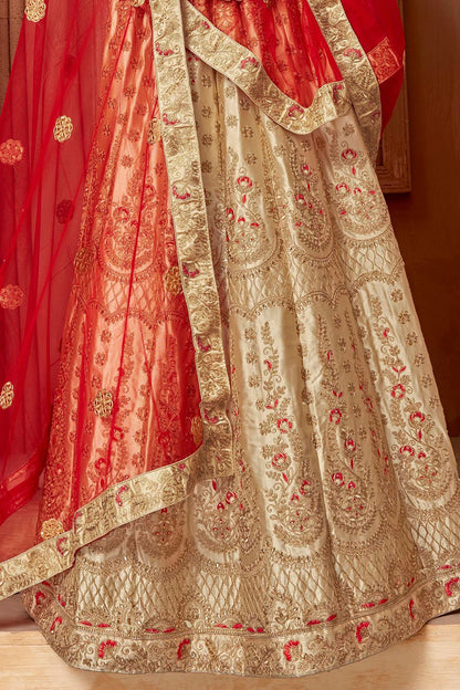 Champagne and Red Lehenga Set in Satin Silk
