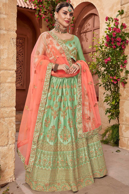 Green and Orange Lehenga Set in Satin Silk