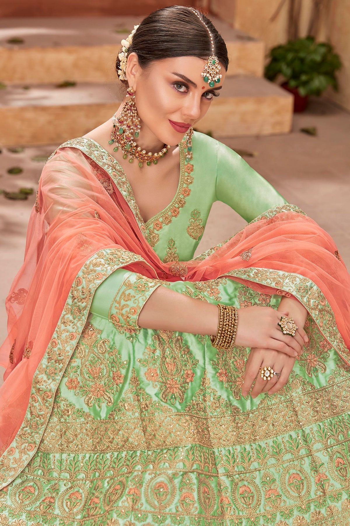 Green and Orange Lehenga Set in Satin Silk