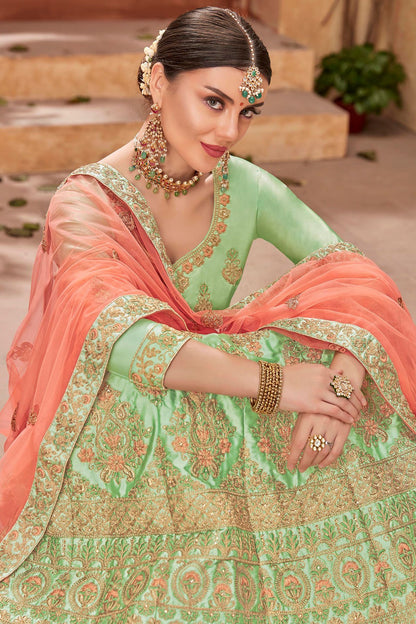 Green and Orange Lehenga Set in Satin Silk
