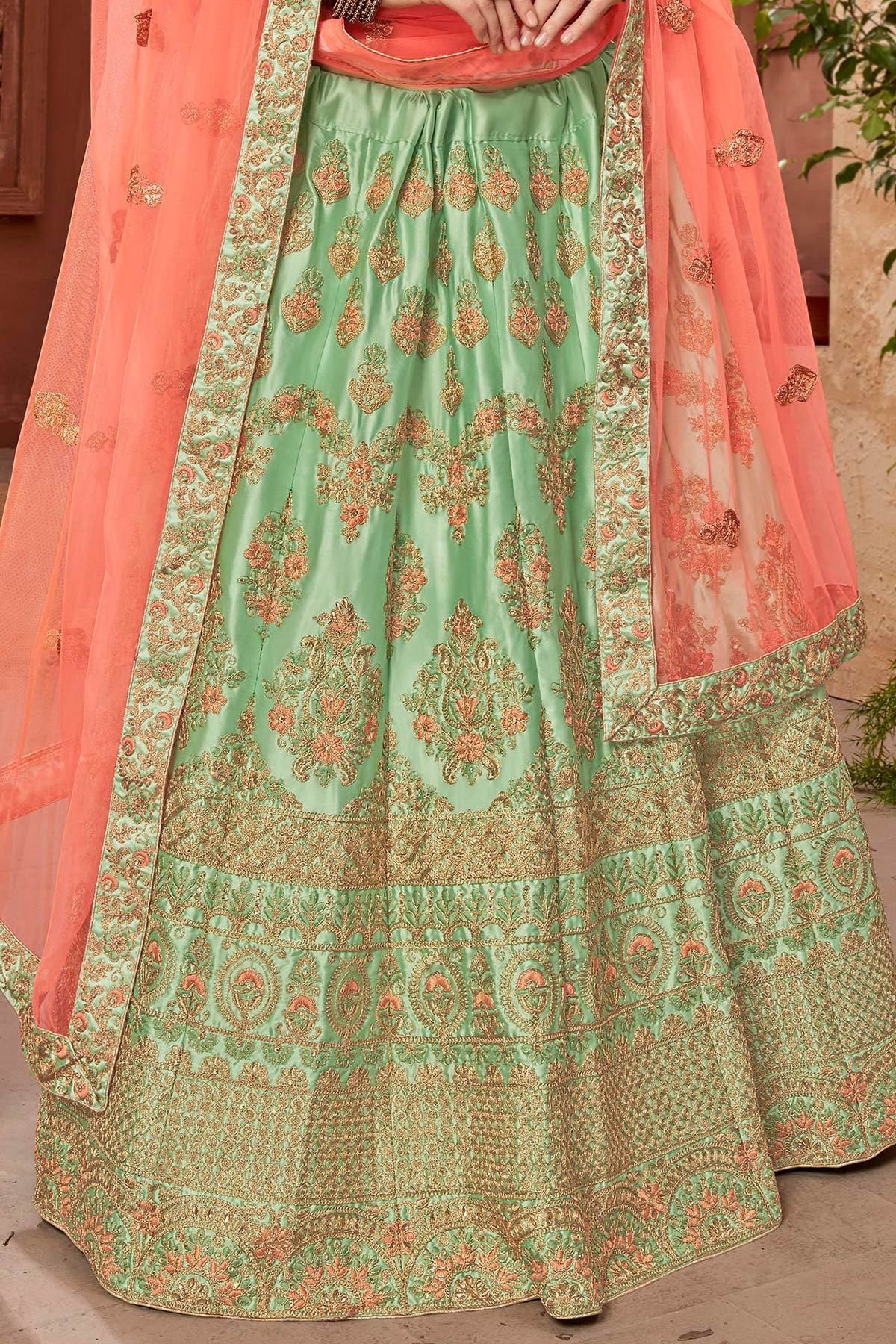 Green and Orange Lehenga Set in Satin Silk