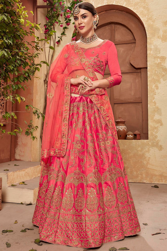 Crimson Pink Lehenga Set in Satin Silk