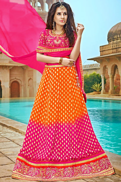 Pink and Orange Bhagalpuri Silk Designer Lehenga Set