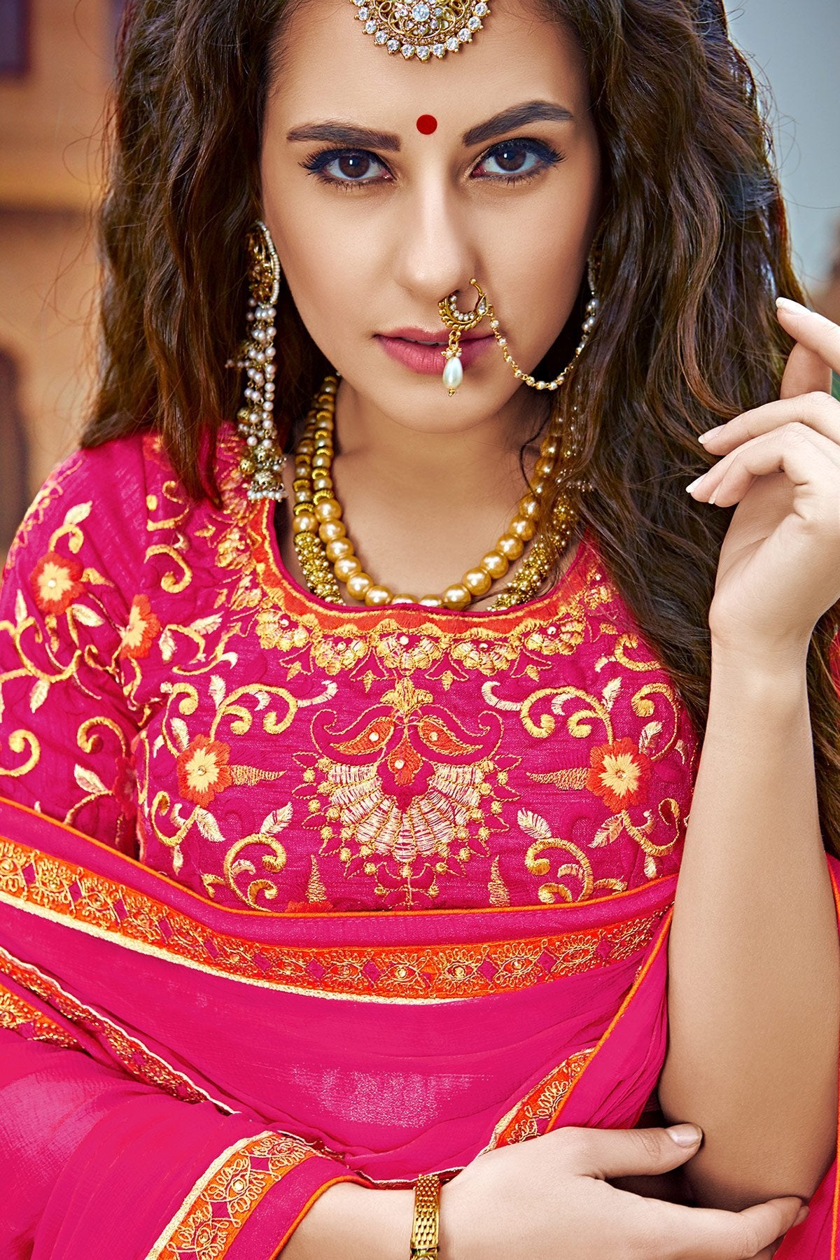 Pink and Orange Bhagalpuri Silk Designer Lehenga Set