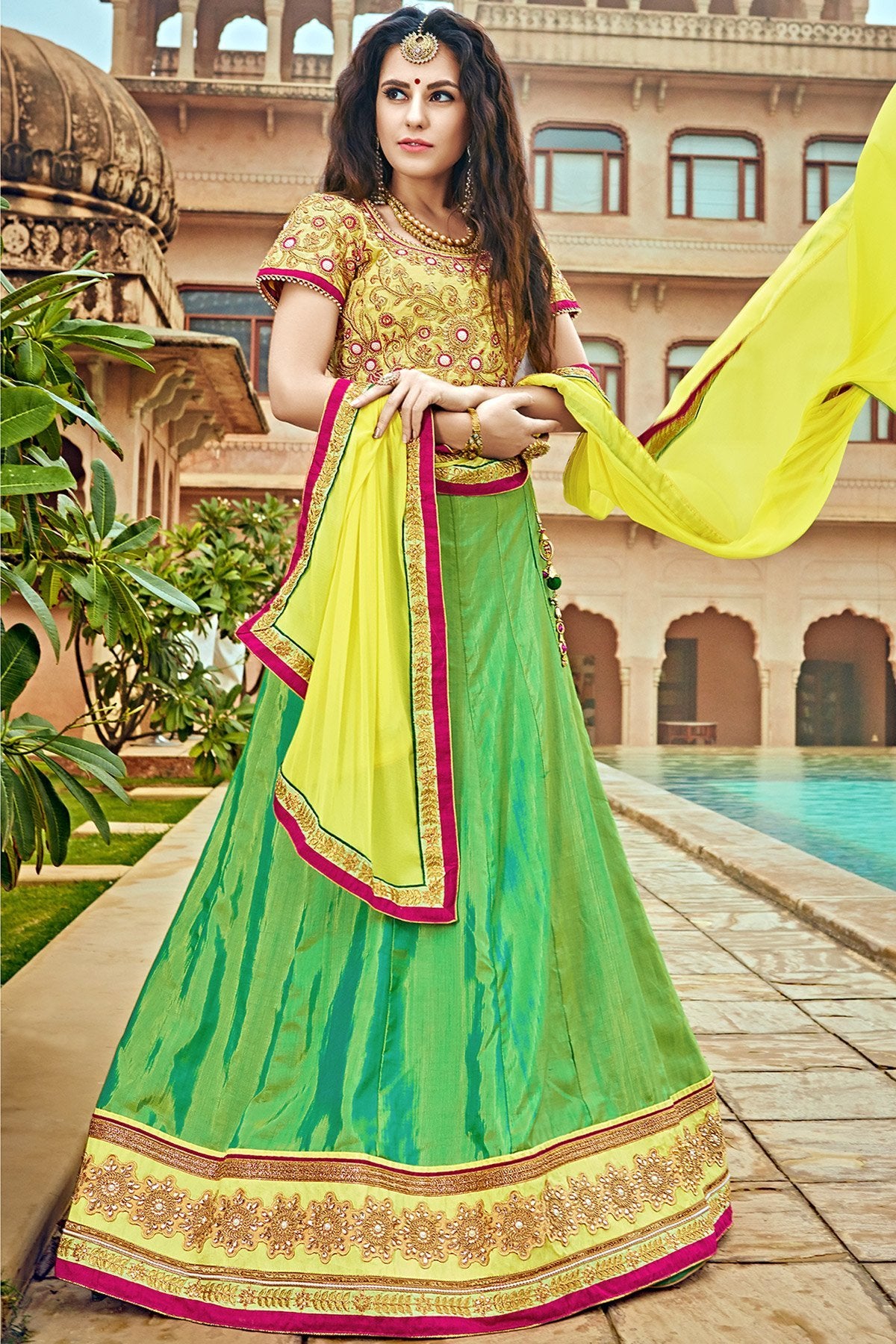Green and Yellow Bhagalpuri Silk Designer Lehenga Set