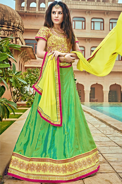 Green and Yellow Bhagalpuri Silk Designer Lehenga Set
