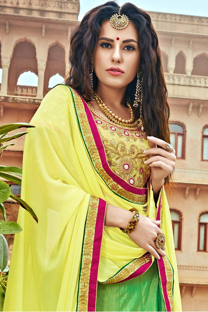Green and Yellow Bhagalpuri Silk Designer Lehenga Set