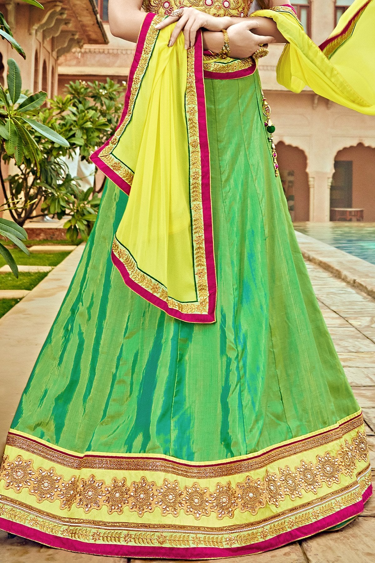 Green and Yellow Bhagalpuri Silk Designer Lehenga Set