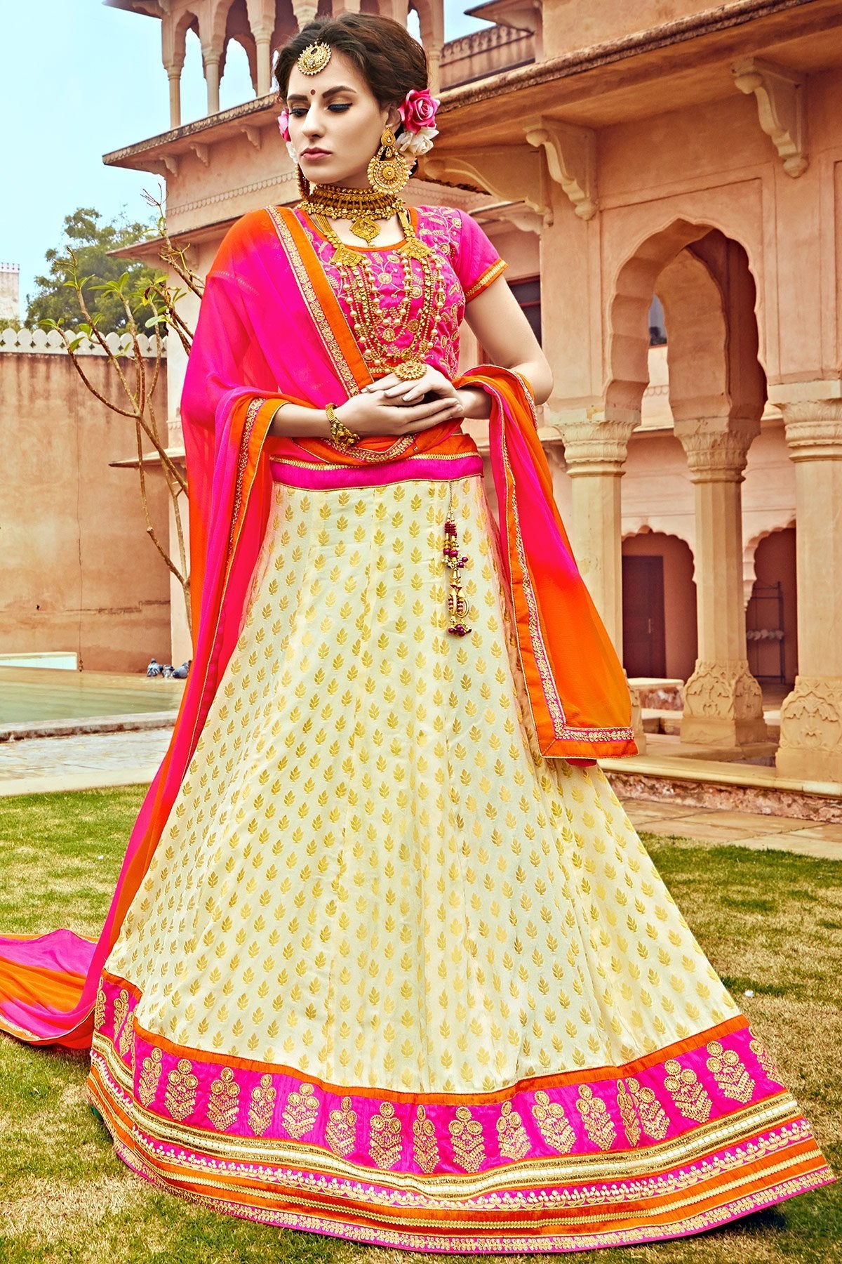 White and Orange Bhagalpuri Silk Designer Lehenga Set