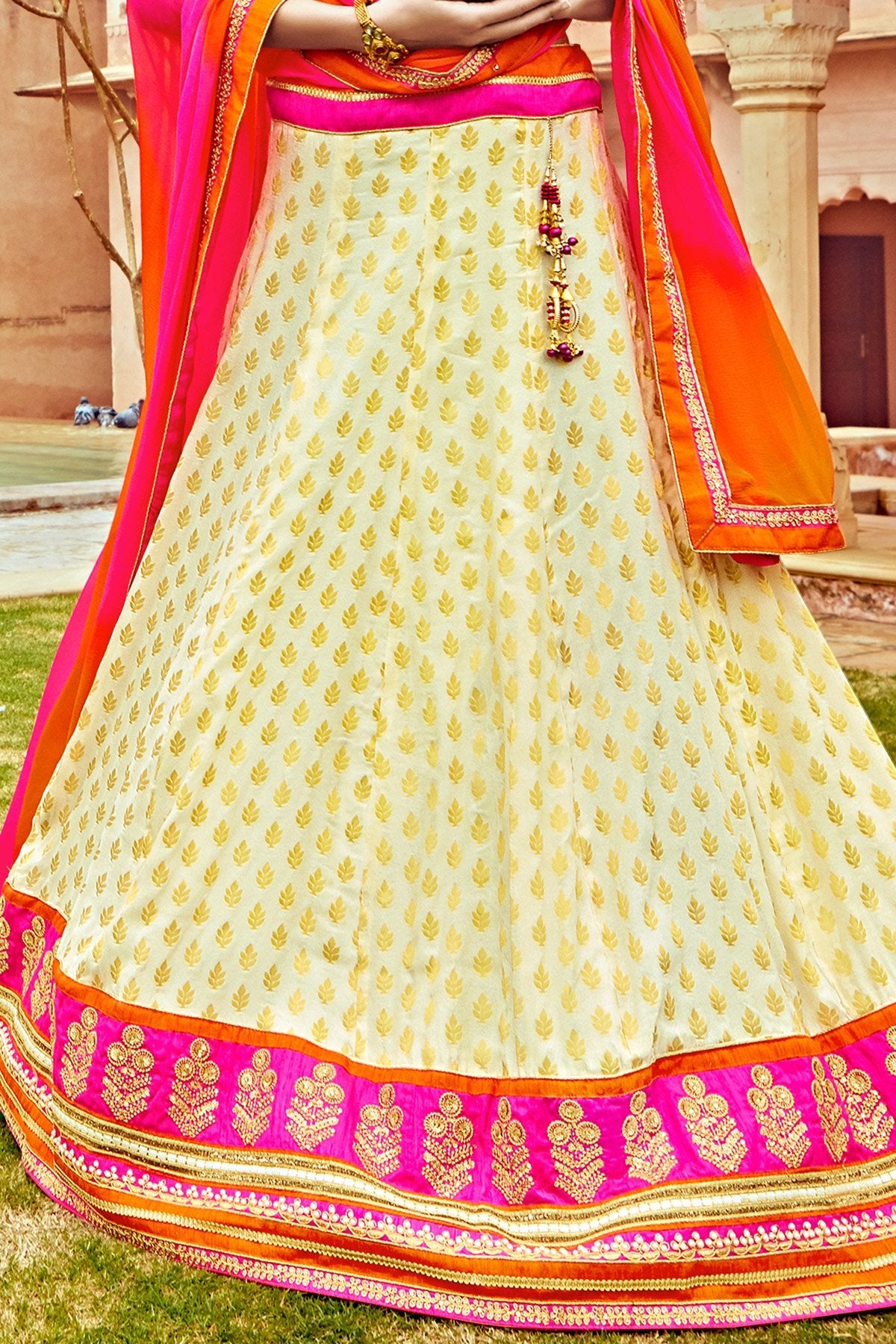 White and Orange Bhagalpuri Silk Designer Lehenga Set