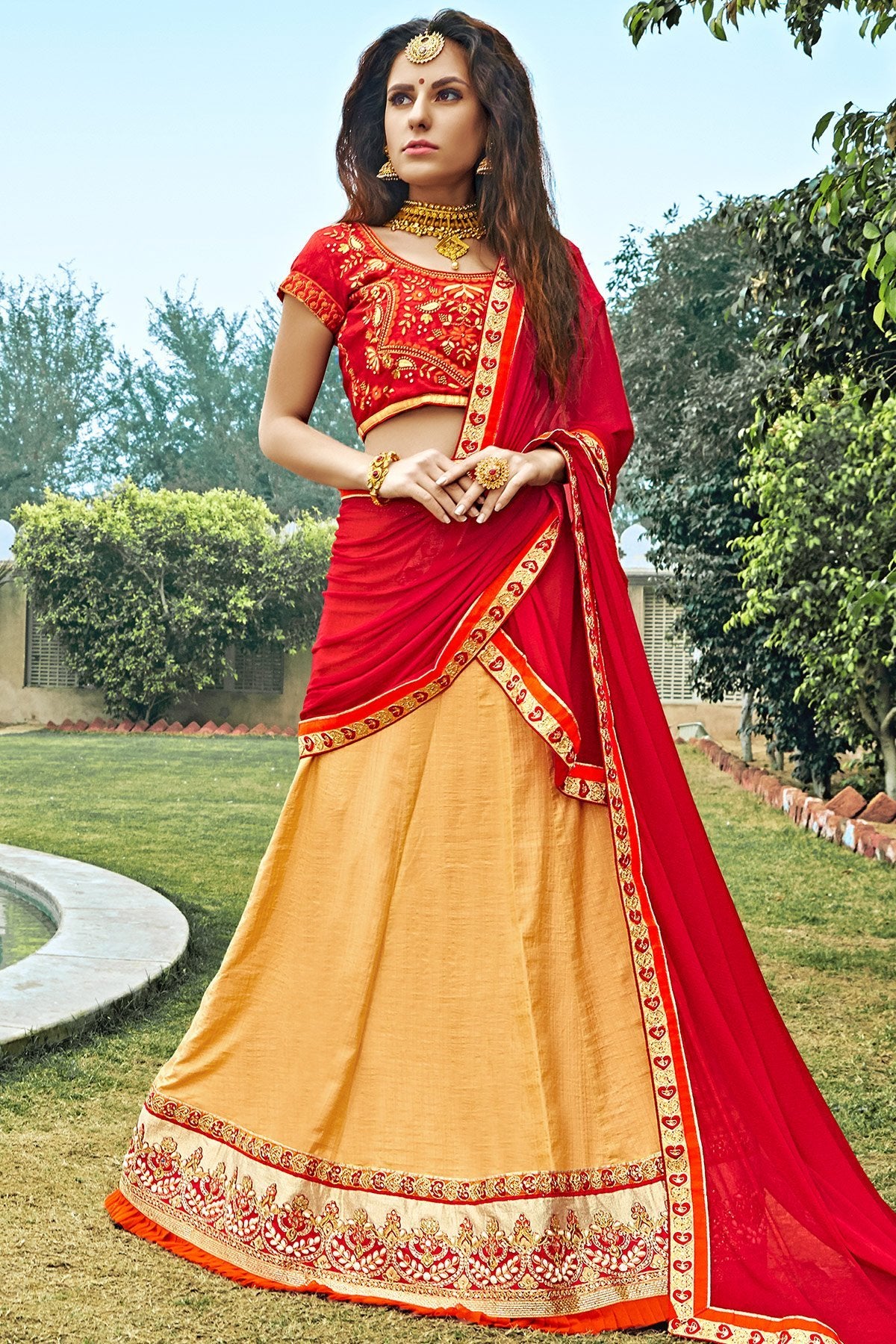 Red and Orange Bhagalpuri Silk Designer Lehenga Set
