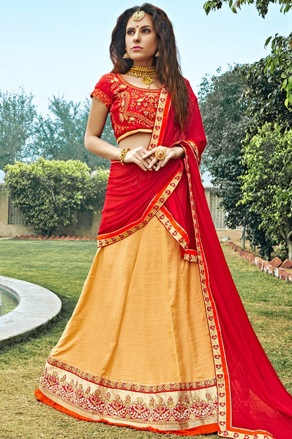 Red and Orange Bhagalpuri Silk Designer Lehenga Set
