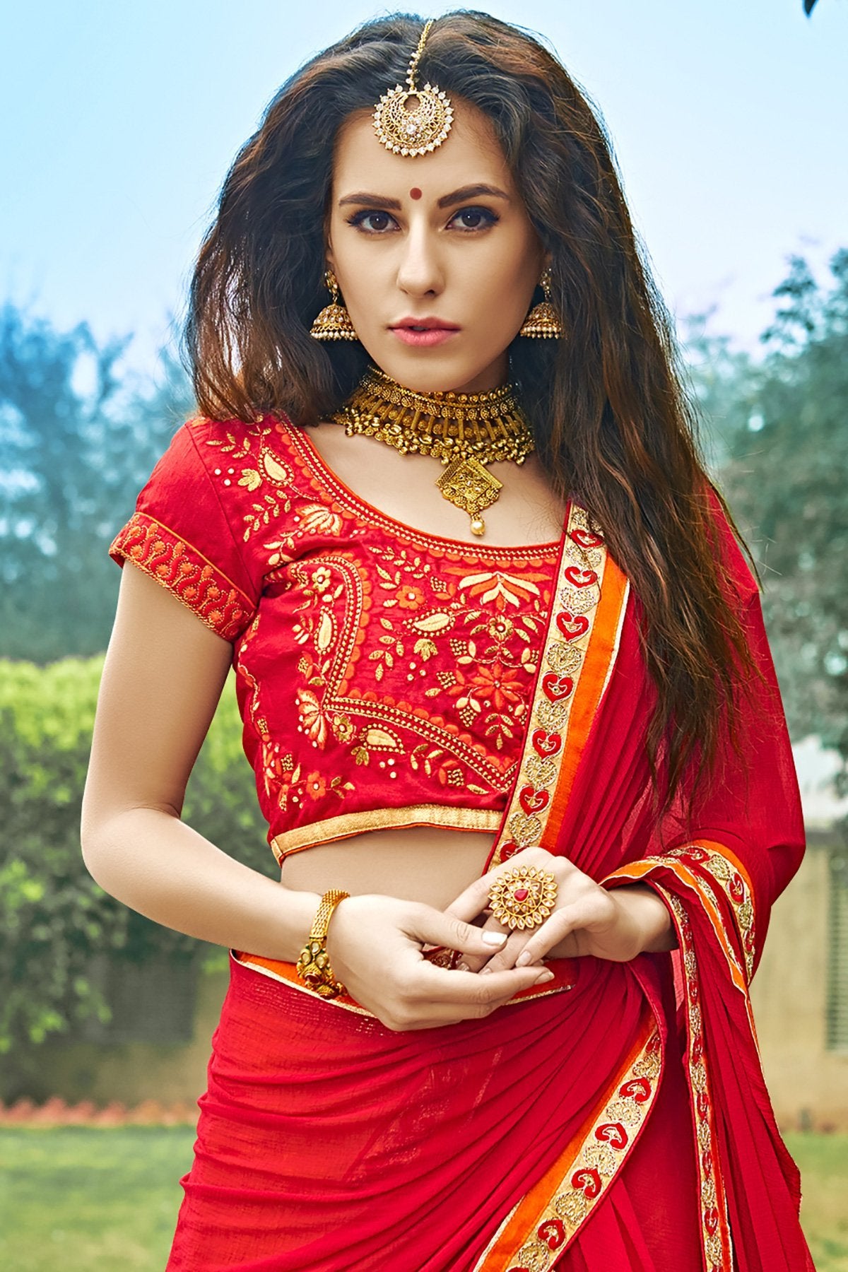 Red and Orange Bhagalpuri Silk Designer Lehenga Set