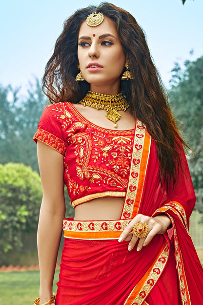 Red and Orange Bhagalpuri Silk Designer Lehenga Set