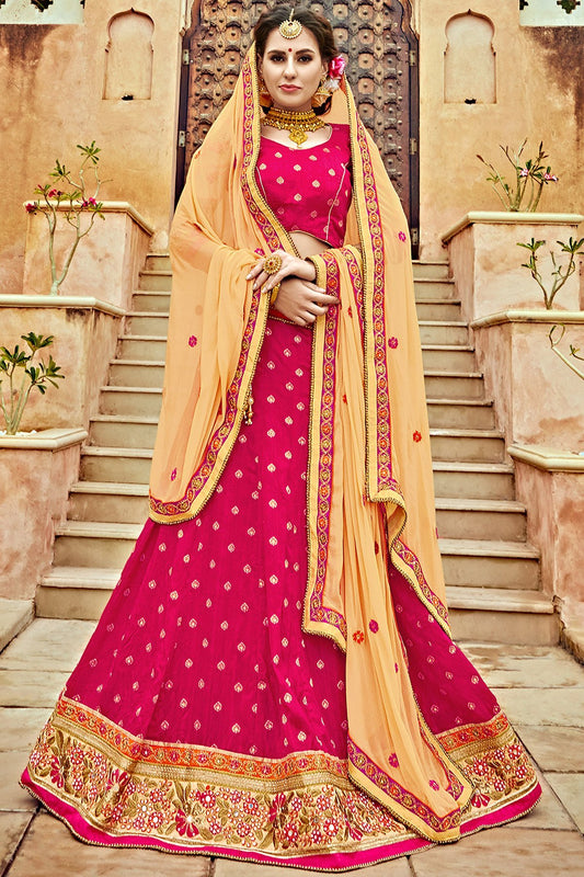 Pink and Yellow Bhagalpuri Silk Designer Lehenga Set
