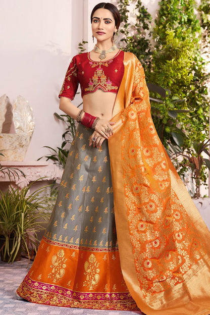Gray and Red Lehenga set with Dupatta