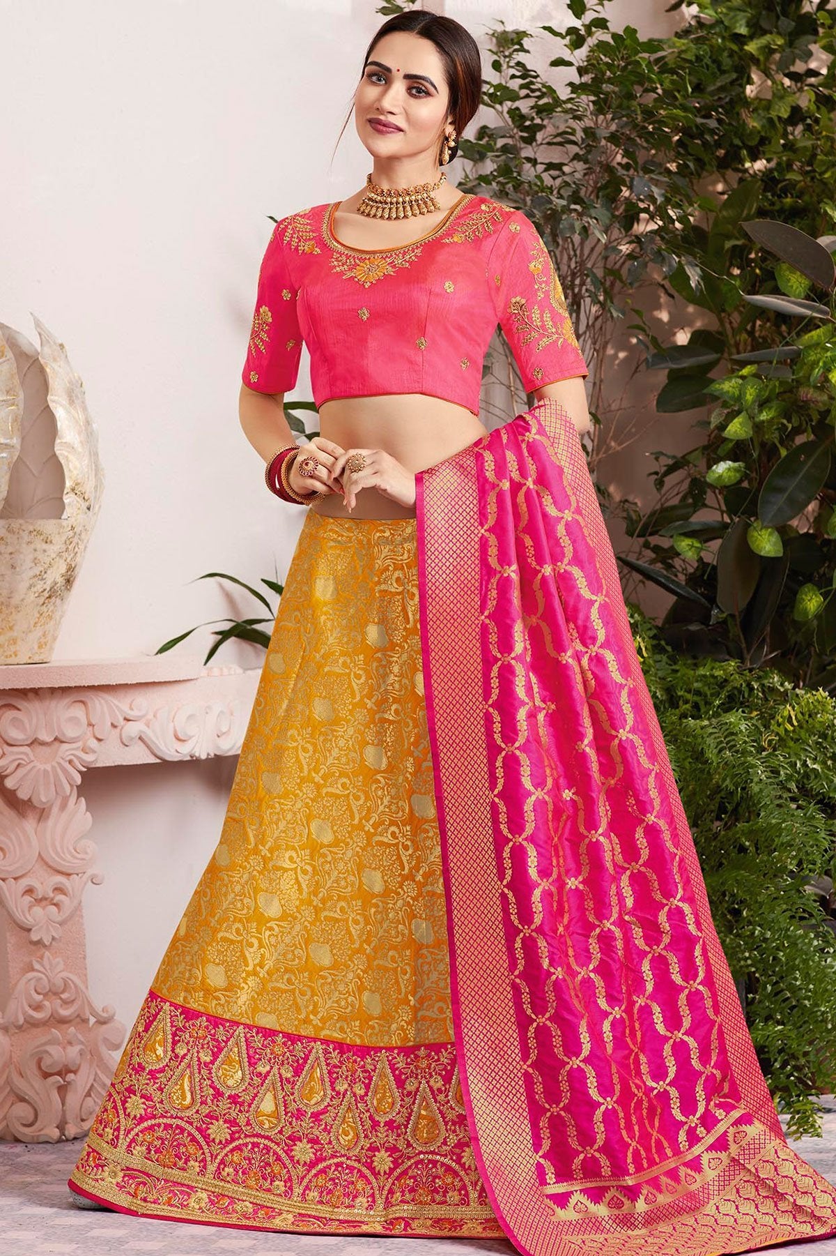Yellow and Pink Lehenga set with Dupatta