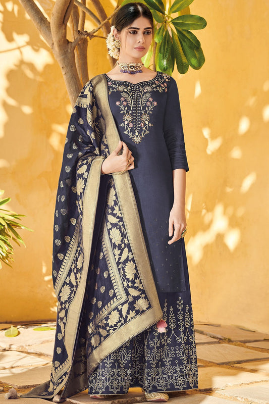 Charcoal Grey Pure Dola Silk Partywear Suit With Palazzo