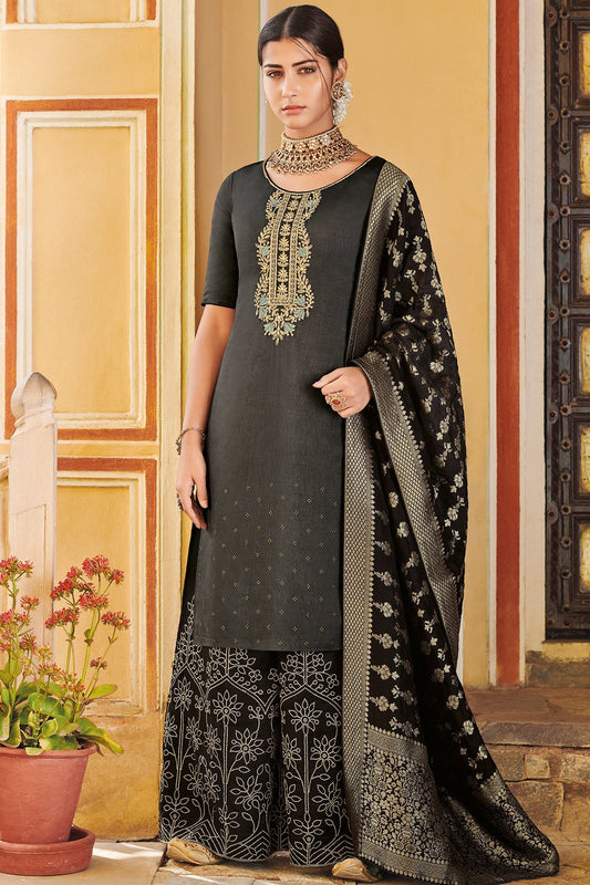 Black Pure Dola Silk Partywear Suit With Palazzo
