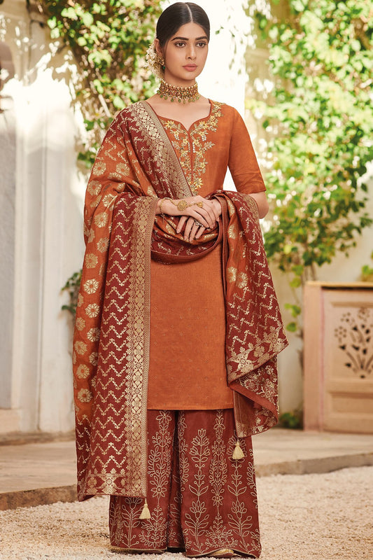Yam Colored Pure Dola Silk Partywear Suit With Palazzo