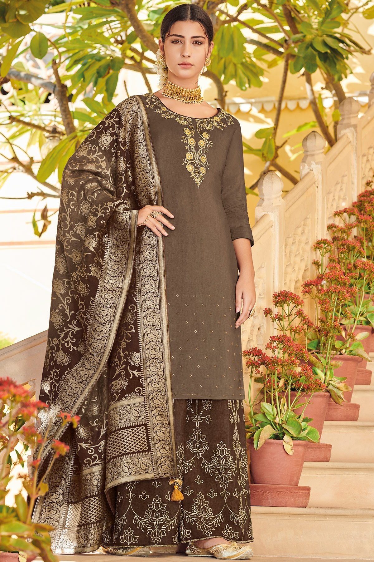 Coffee Colored Pure Dola Silk Partywear Suit With Palazzo