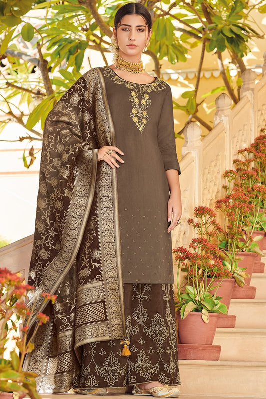 Coffee Colored Pure Dola Silk Partywear Suit With Palazzo