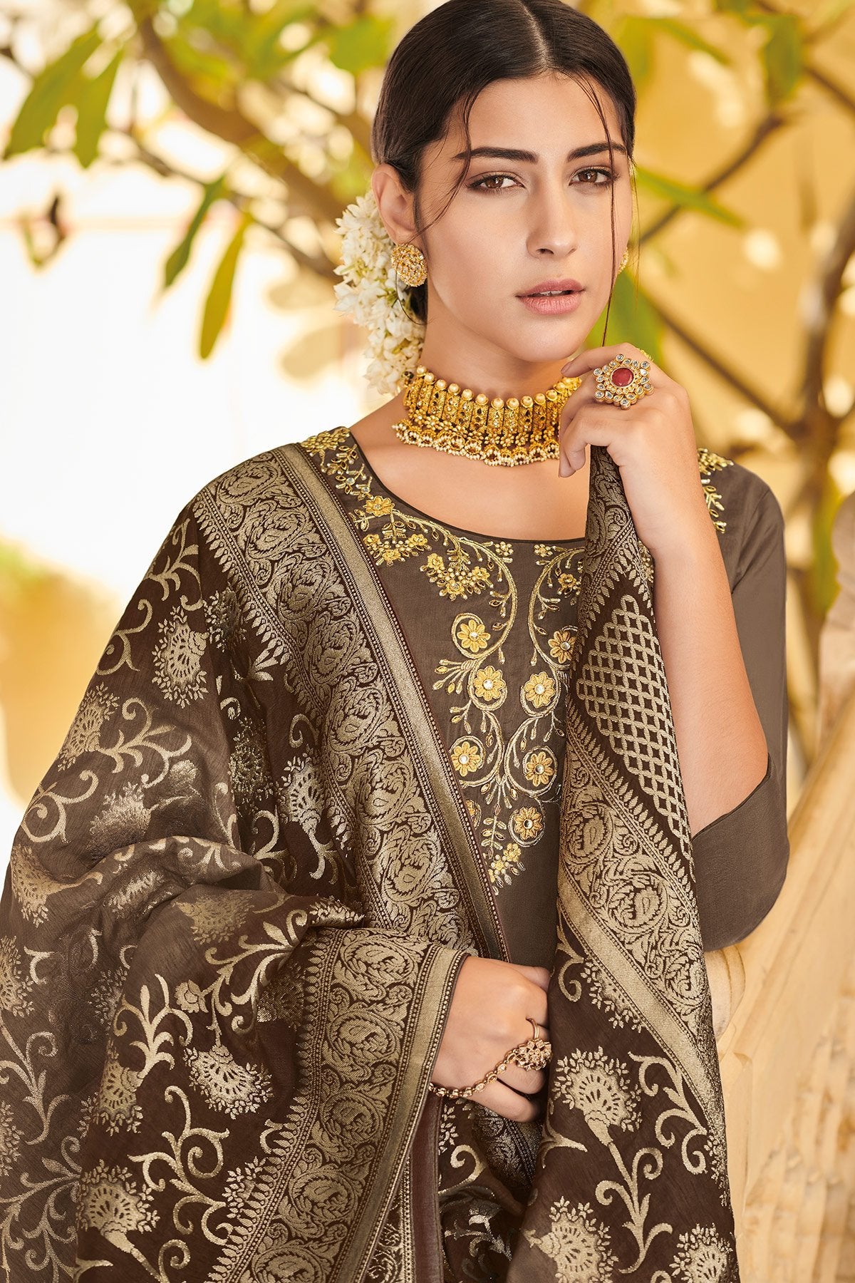 Coffee Colored Pure Dola Silk Partywear Suit With Palazzo